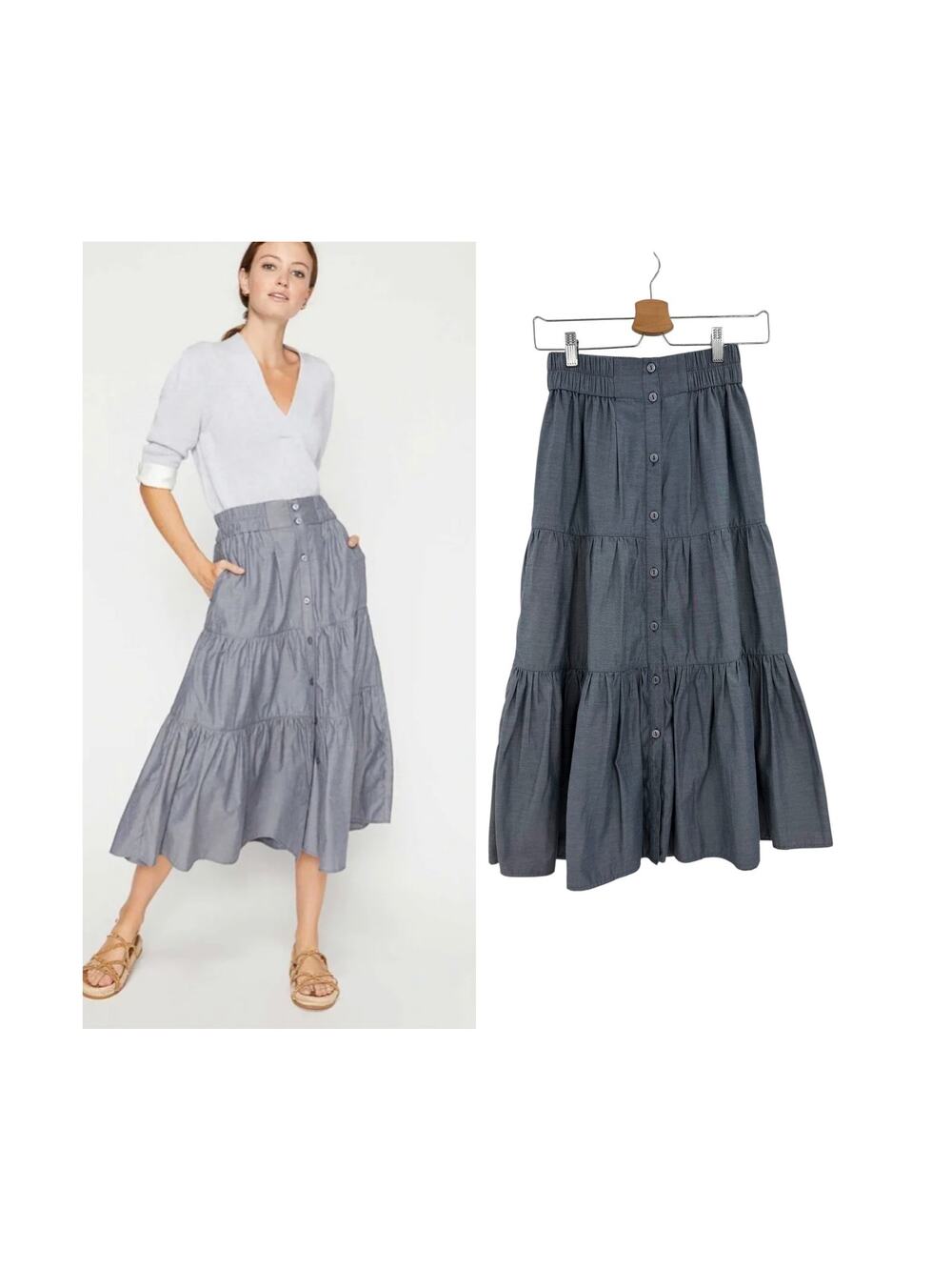 Brochu Walker Havana Tiered Button Front Midi Skirt Blue Gray Size‎ XS